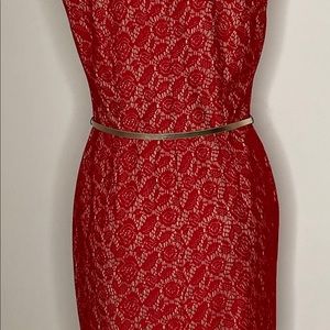 Cherry/Nude Floral dress with gold belt Size 8